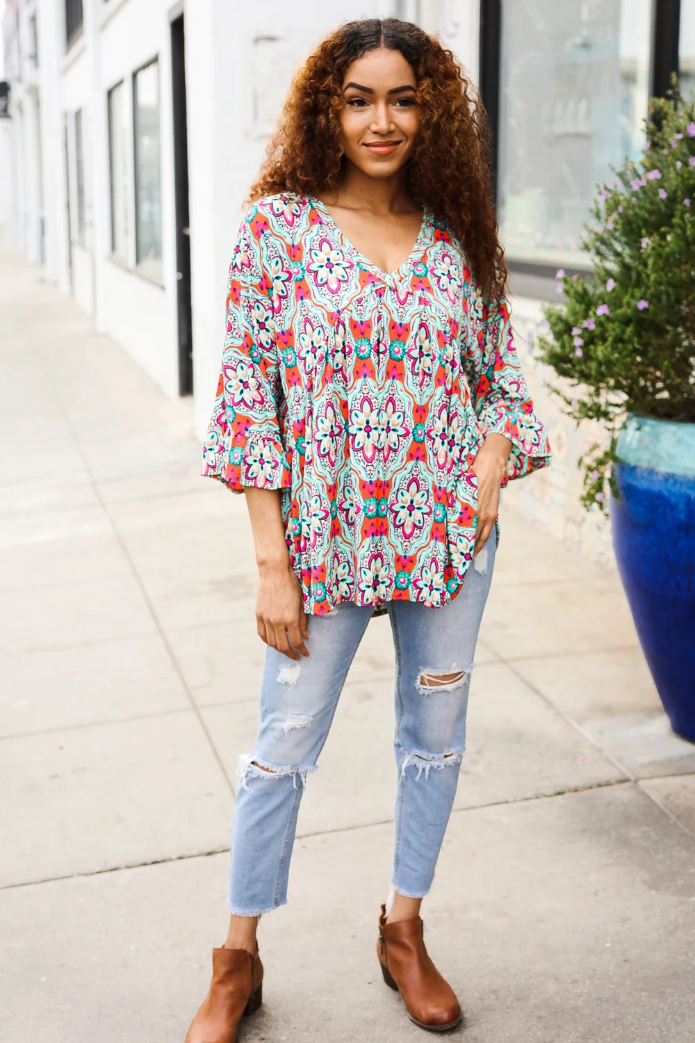 Coral & Aqua Floral Print Design Top - Image 2