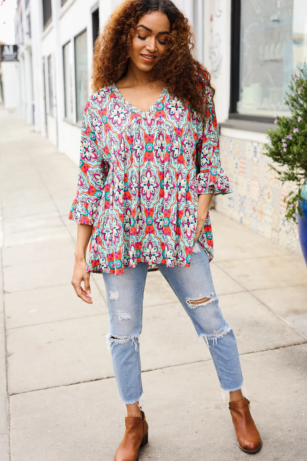 Coral & Aqua Floral Print Design Top - Image 4