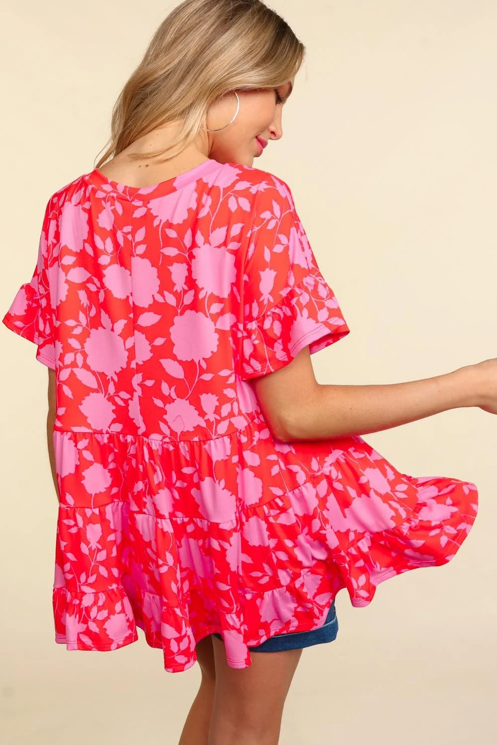 PLUS CORAL BABYDOLL PEPLUM FLORAL PRINT KNIT TOP - Image 5