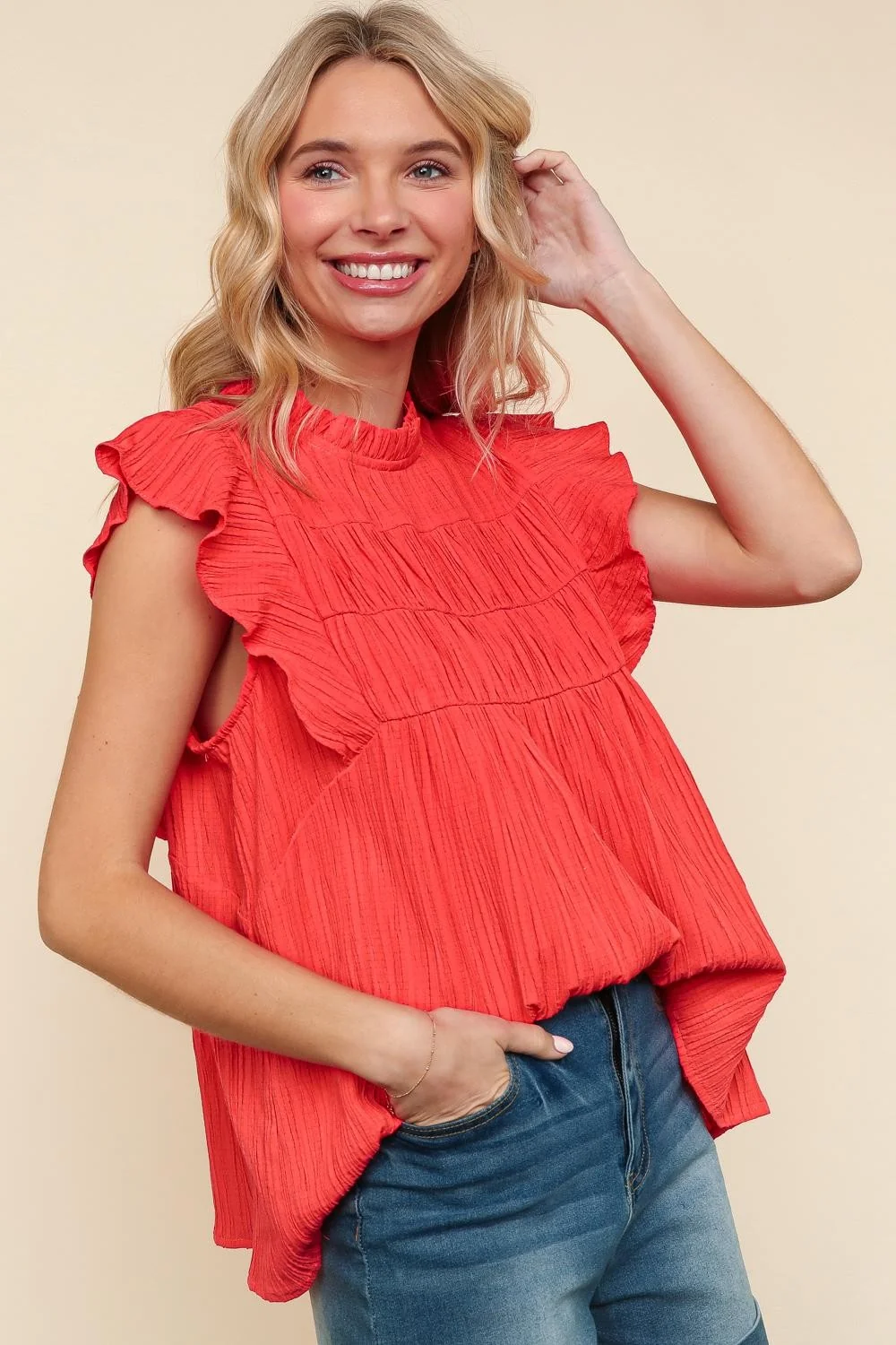 Coral Crinkle Woven Top W/Flutter Short Sleeve - Image 2