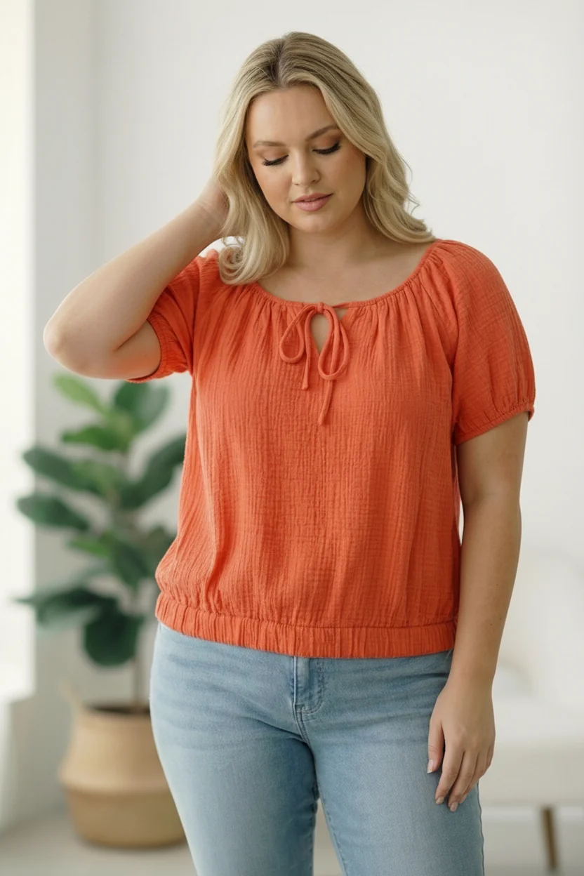 Plus Coral Crinkled Cotton Top - Image 2