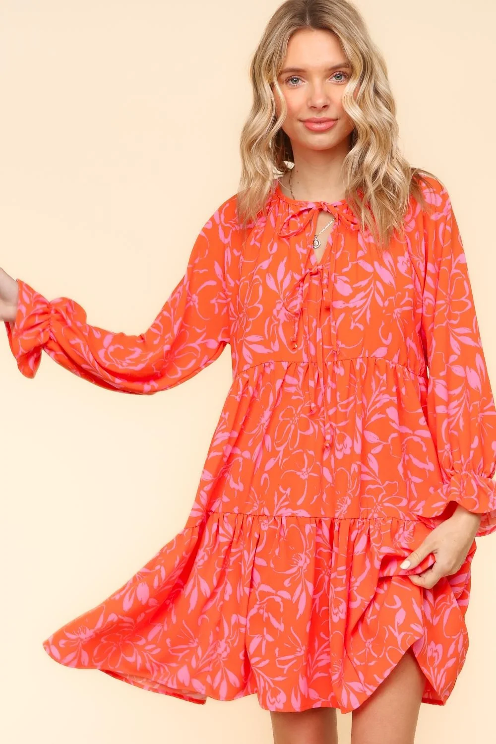 CORAL KNEE LENGTH WOVEN DRESS W/ RIBBON TIED DETAIL