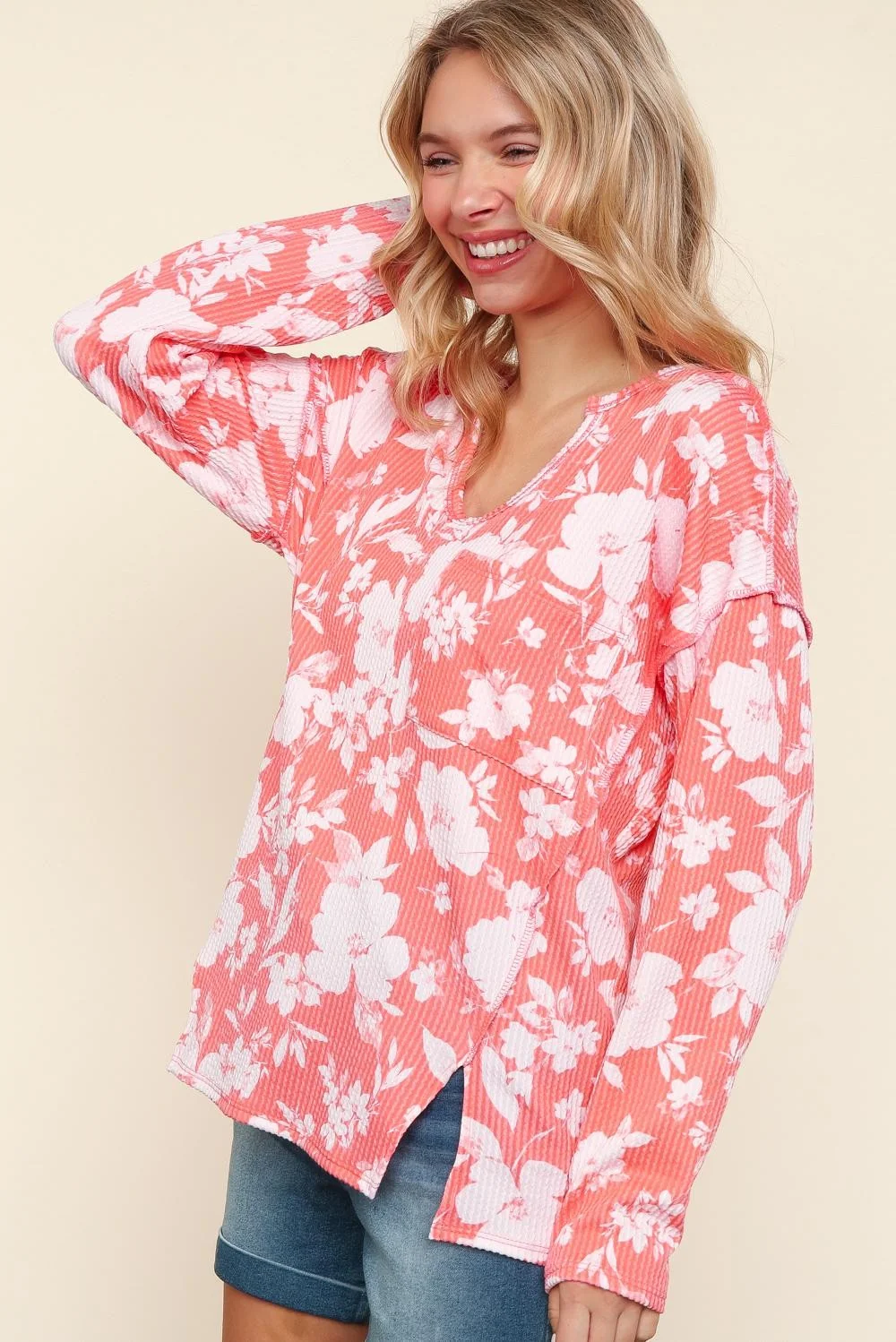 PLUS CORAL NOTCH NECK LONG SLEEVE FLORAL PRINT KNIT TOP - Image 4