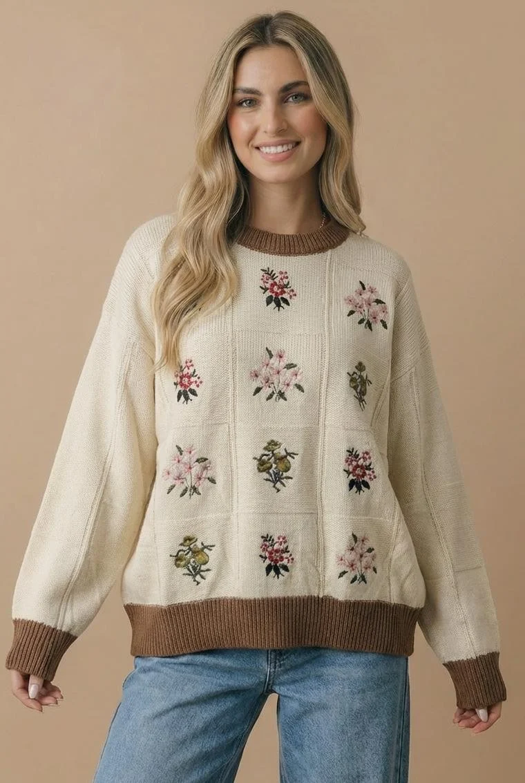 Plus Cream Floral Embroidered Grid Knit Sweater - Image 2