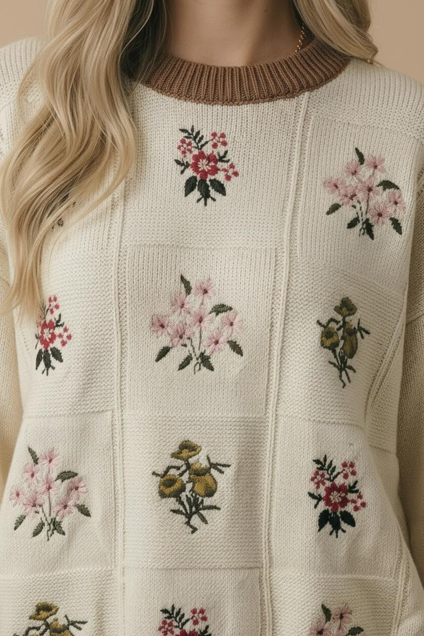 Plus Cream Floral Embroidered Grid Knit Sweater - Image 3