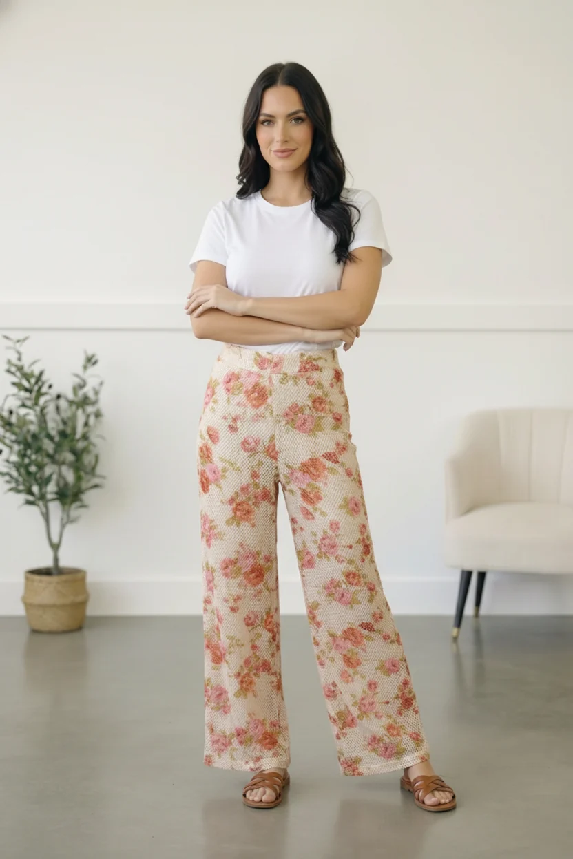 Cream Mesh Floral Lined Pants - Image 2