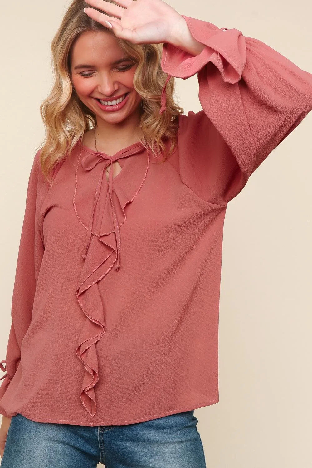 PLUS CREPE WOVEN BLOUSE W/ FRONT TIE NECK DETAIL - Image 3