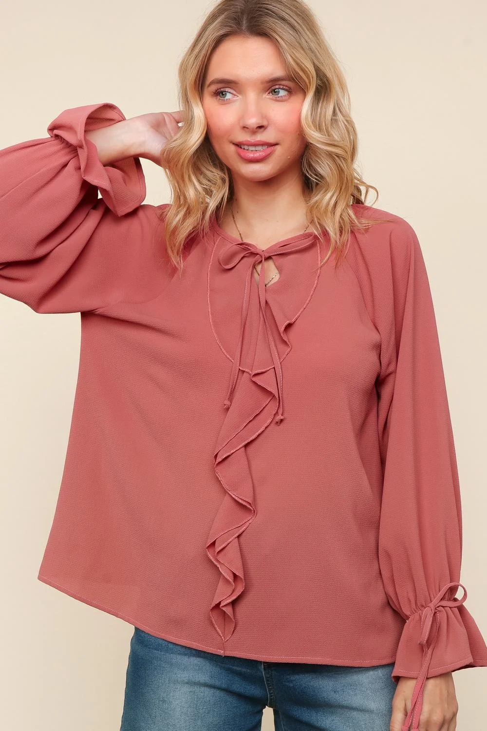 PLUS CREPE WOVEN BLOUSE W/ FRONT TIE NECK DETAIL - Image 4