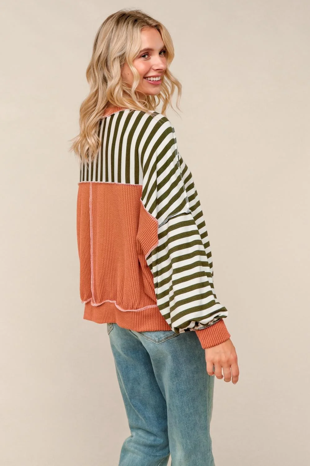CREW NECK LOOSE FIT STRIPE PULLOVER KNIT TOP - Image 2