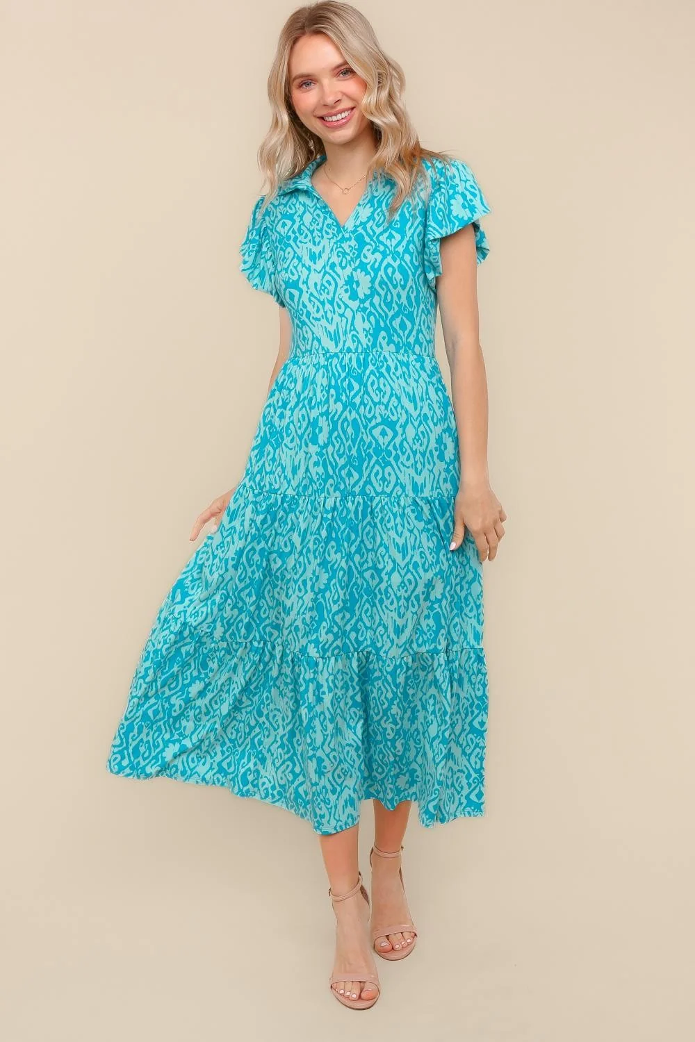 Plus Cyan/Aqua Fit and Flare Tiered Midi Bohemian Dress