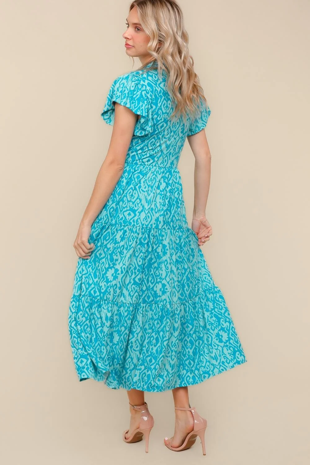Plus Cyan/Aqua Fit and Flare Tiered Midi Bohemian Dress - Image 4
