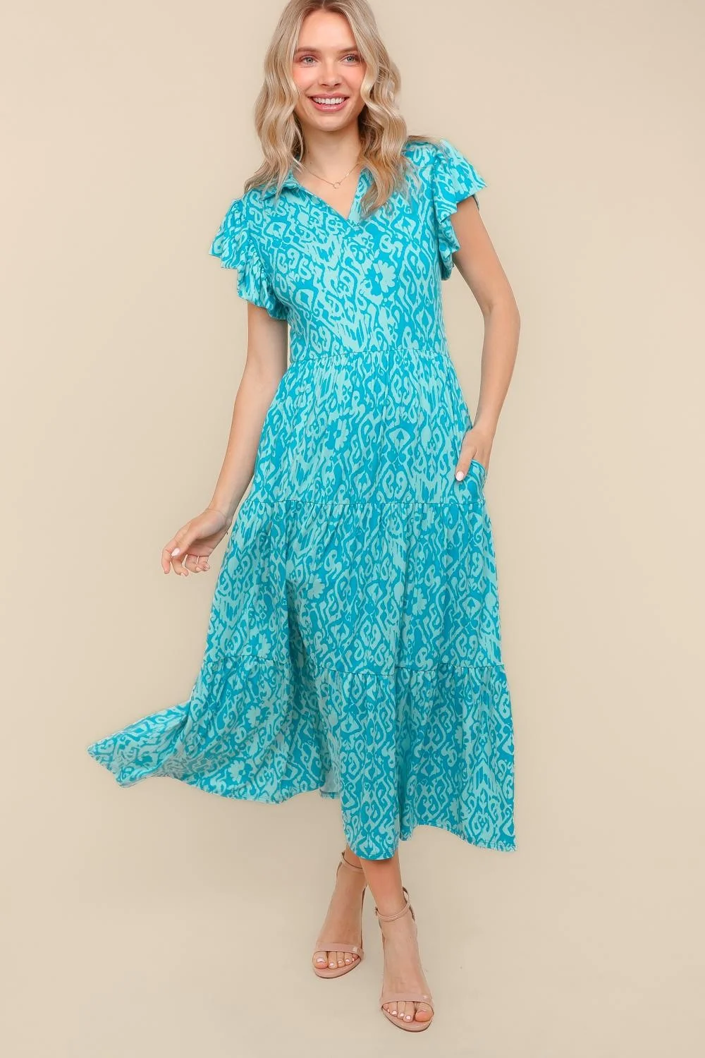 Plus Cyan/Aqua Fit and Flare Tiered Midi Bohemian Dress - Image 5