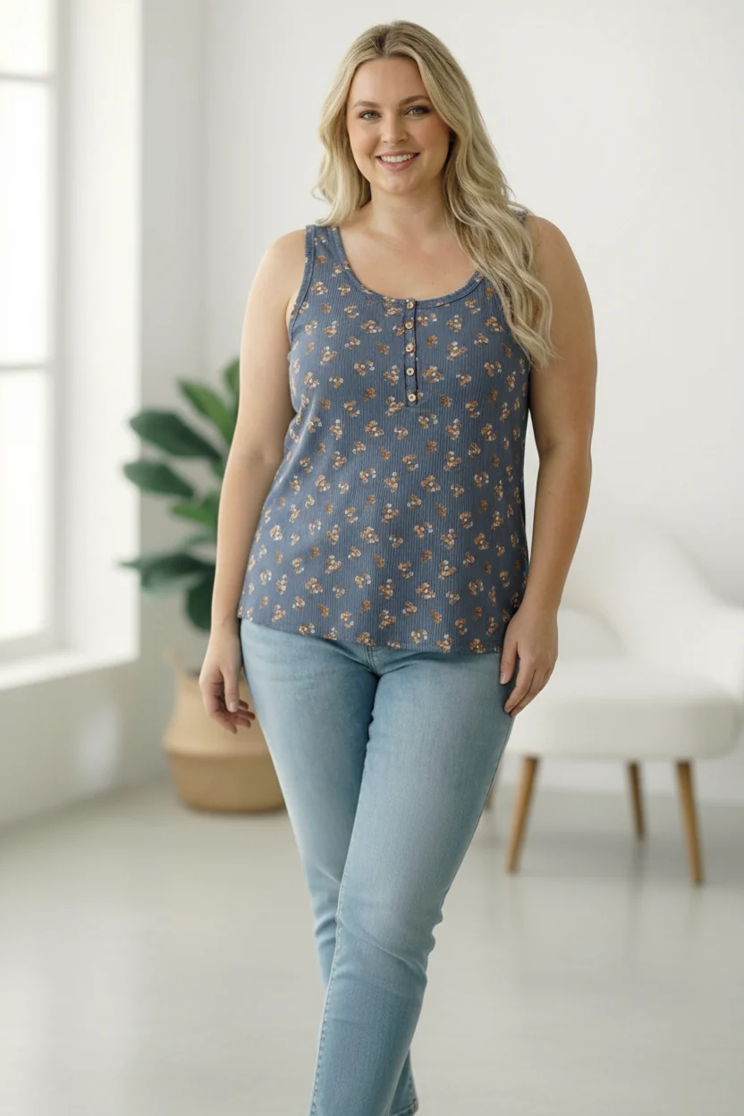 Plus Denim Floral Button Top - Image 3