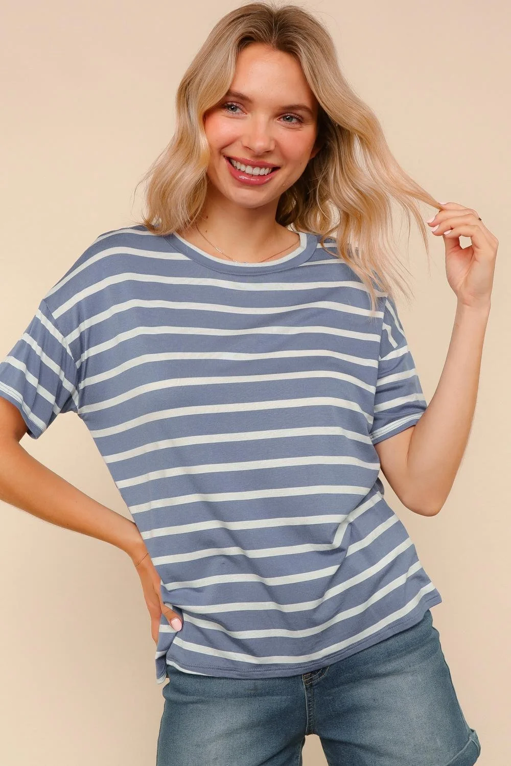 DENIM LOOSE FIT SHORT SLEEVE STRIPE PRINT KNIT TOP - Image 3