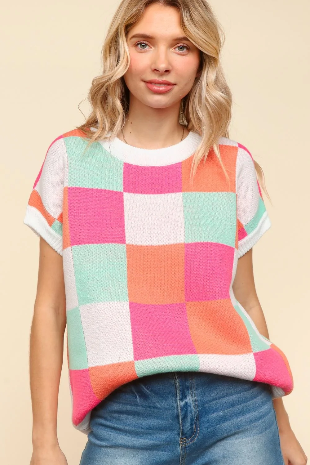 DOLMAN SHORT SLEEVE CHECKER SWEATER KNIT TOP - Image 2