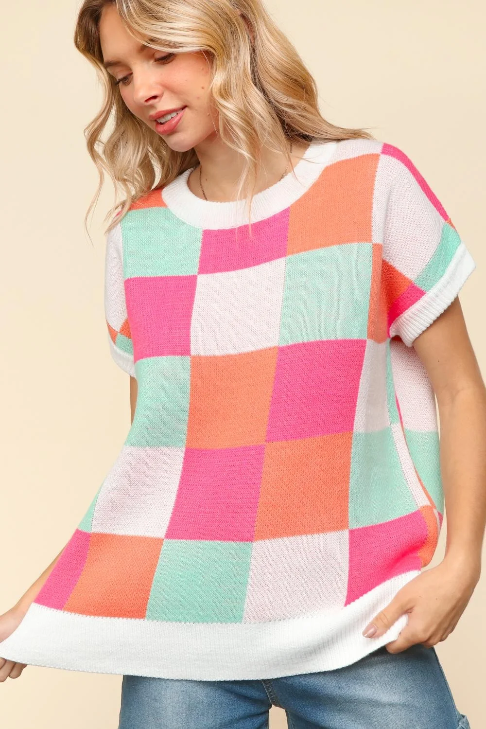 DOLMAN SHORT SLEEVE CHECKER SWEATER KNIT TOP - Image 3