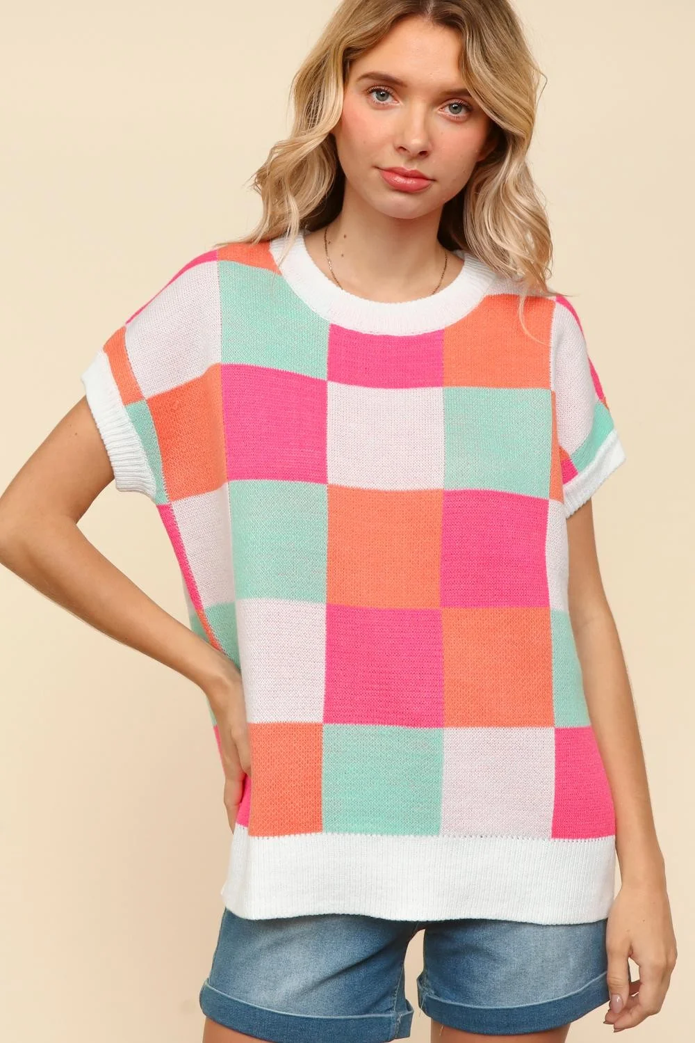 DOLMAN SHORT SLEEVE CHECKER SWEATER KNIT TOP - Image 7