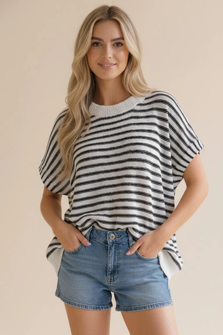 DOLMAN SHORT SLEEVE STRIPE SWEATER KNIT TOP - Image 7