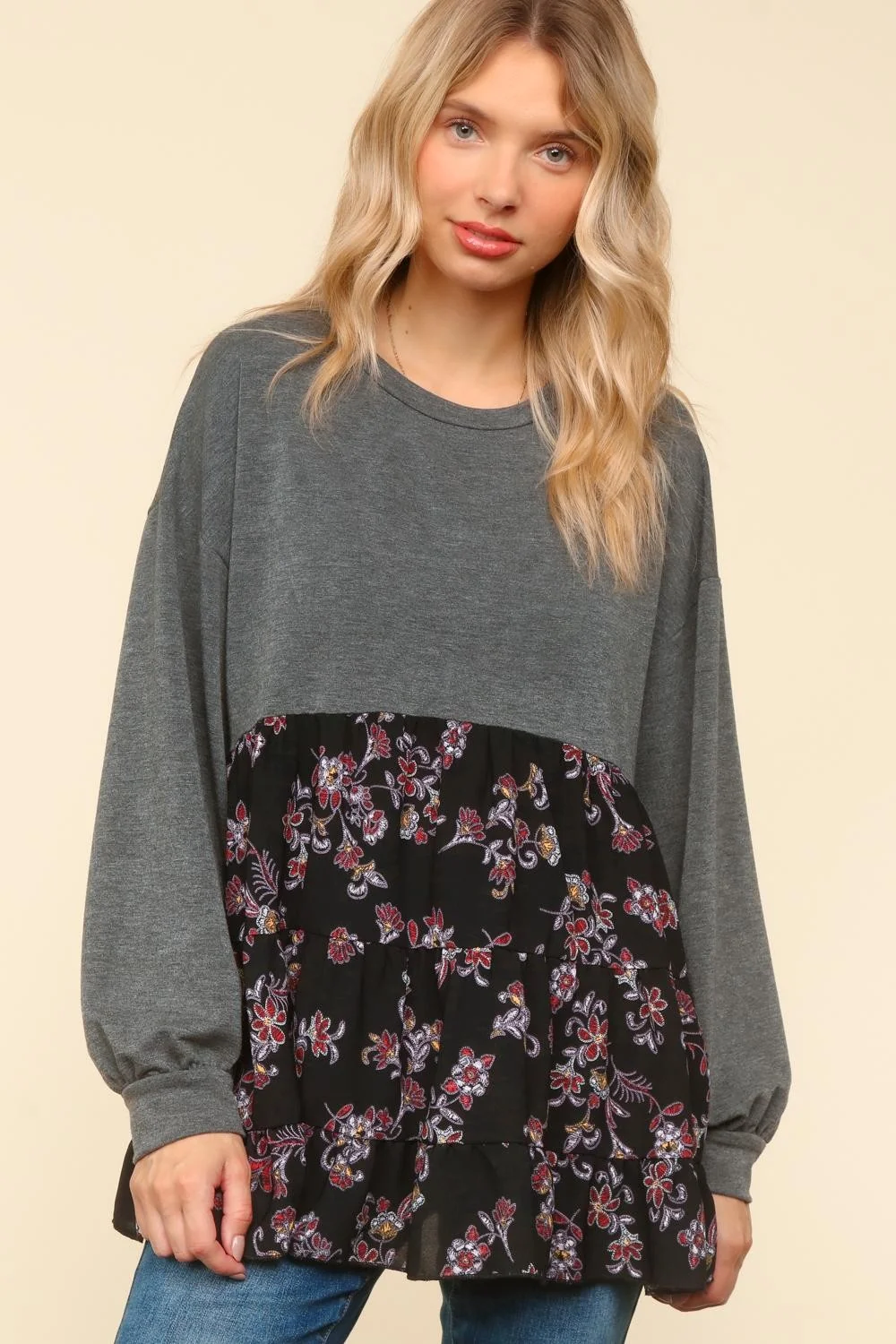 DROP SHOULDER FLORAL PRINT BABYDOLL TOP - Image 2