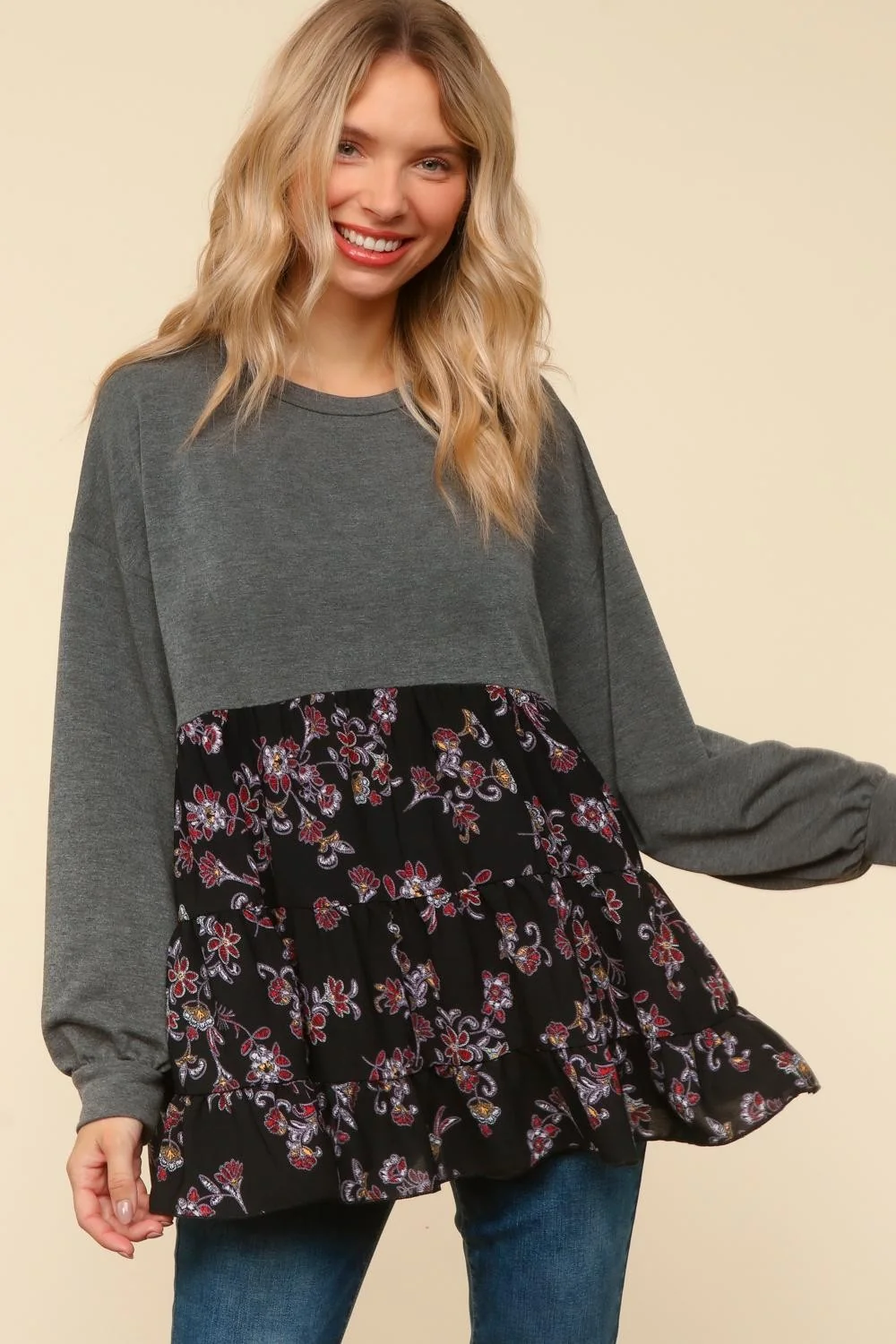 DROP SHOULDER FLORAL PRINT BABYDOLL TOP - Image 4