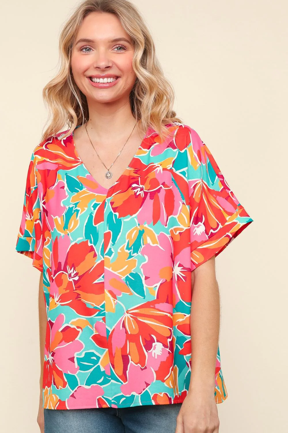 PLUS DROP SHOULDER FLORAL PRINT WOVEN BLOUSE