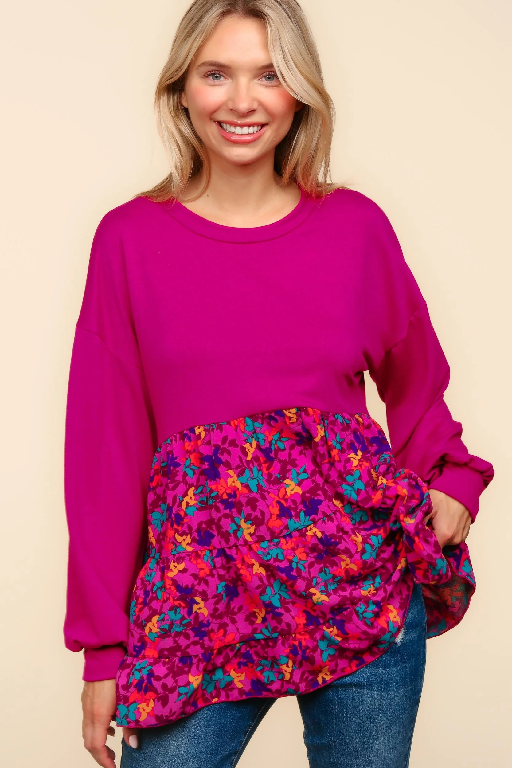 DROP SHOULDER LONG SLEEVE BABYDOLL TWOFER TOP