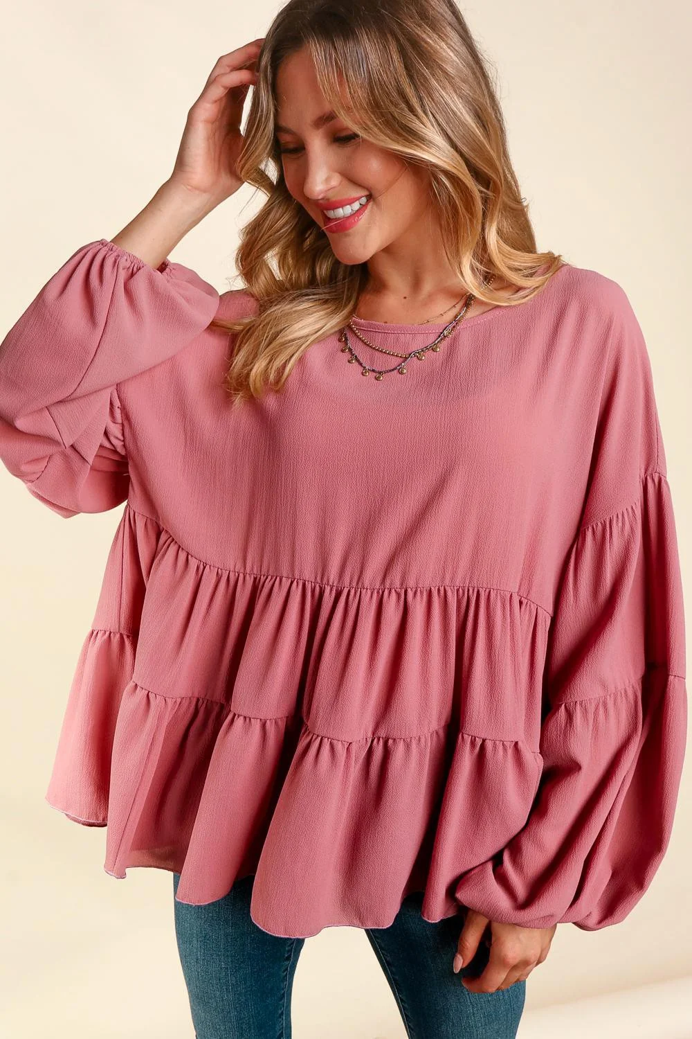 PLUS DROP SHOULDER LONG SLEEVE BABYDOLL WOVEN TOP