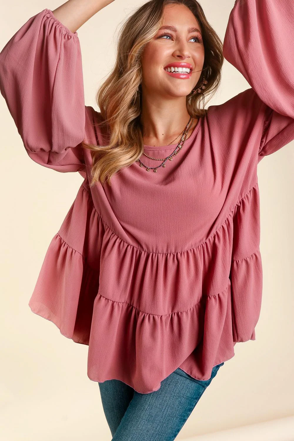 PLUS DROP SHOULDER LONG SLEEVE BABYDOLL WOVEN TOP - Image 2