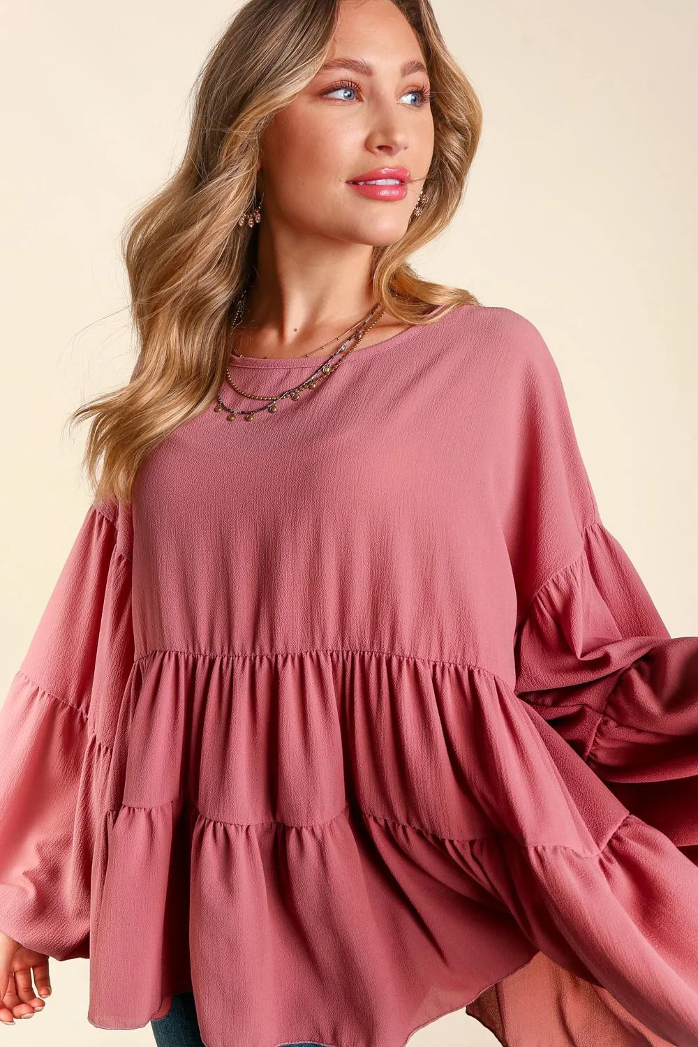 PLUS DROP SHOULDER LONG SLEEVE BABYDOLL WOVEN TOP - Image 4