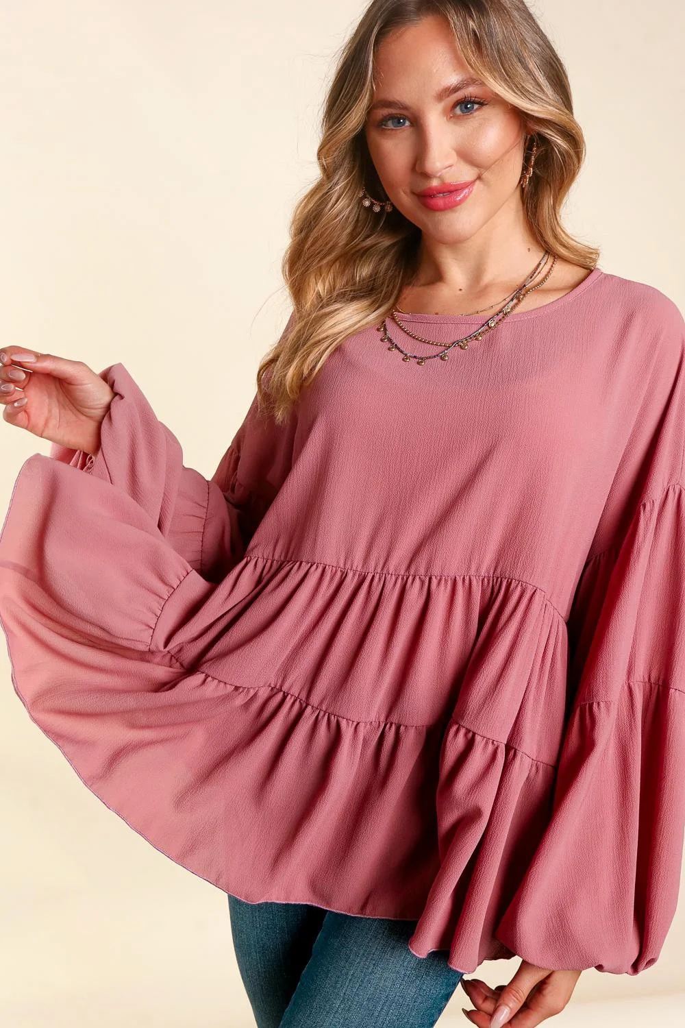 PLUS DROP SHOULDER LONG SLEEVE BABYDOLL WOVEN TOP - Image 5