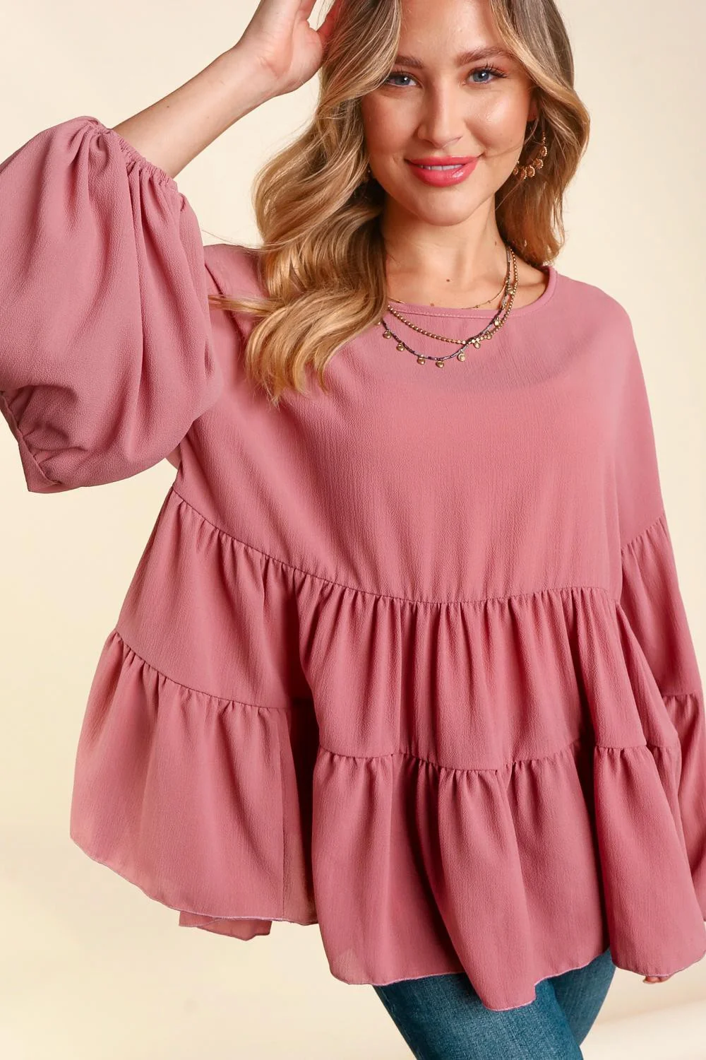 PLUS DROP SHOULDER LONG SLEEVE BABYDOLL WOVEN TOP - Image 6