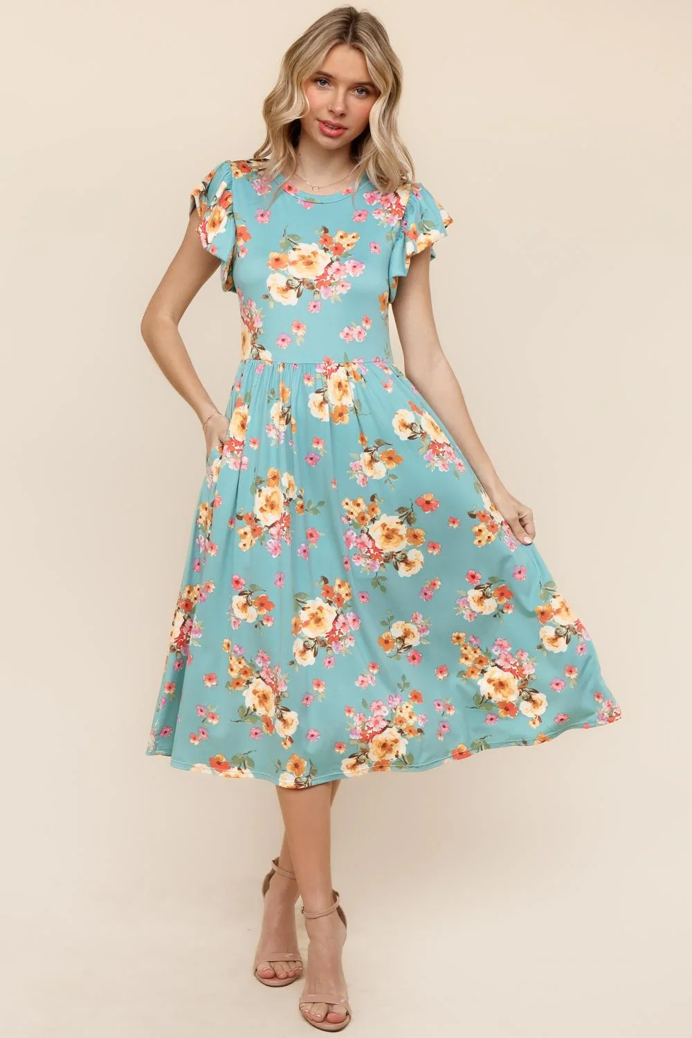 FIT AND FLARE MIDI KNIT DRESS W/ SIDE POCKETS