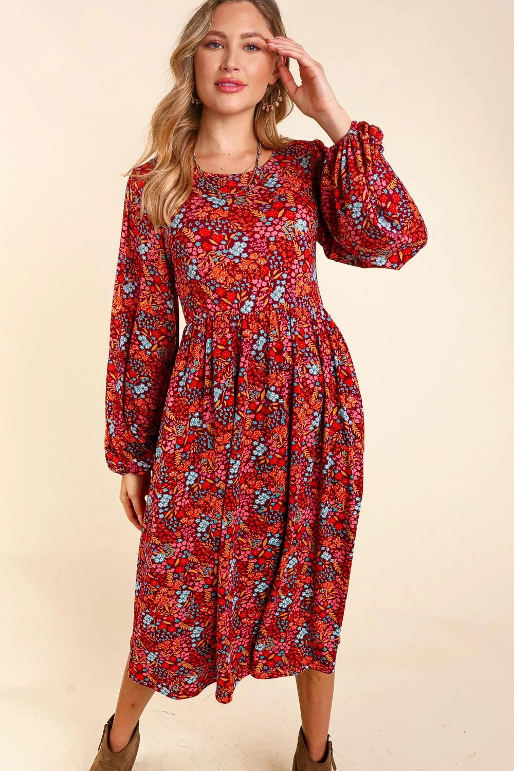 PLUS FIT AND FLARE MIDI LENGTH FLORAL SIDE POCKETS DRESS - Image 2