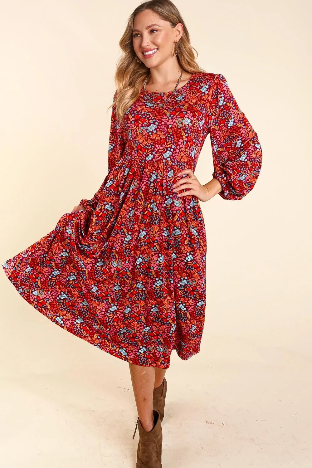 PLUS FIT AND FLARE MIDI LENGTH FLORAL SIDE POCKETS DRESS - Image 5
