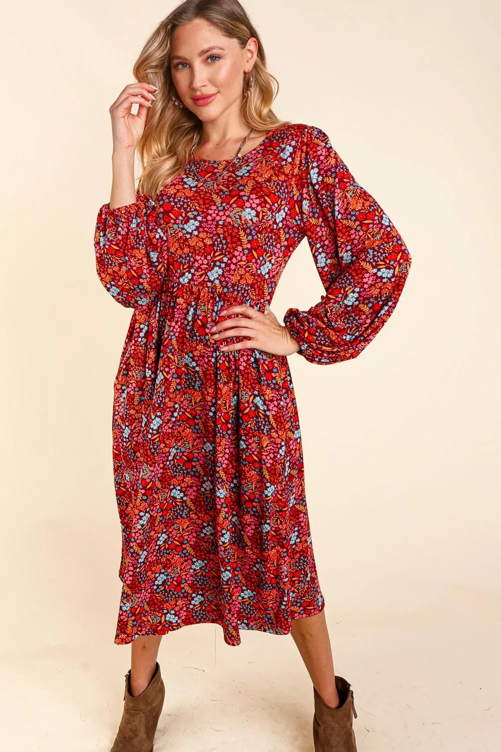 PLUS FIT AND FLARE MIDI LENGTH FLORAL SIDE POCKETS DRESS - Image 7
