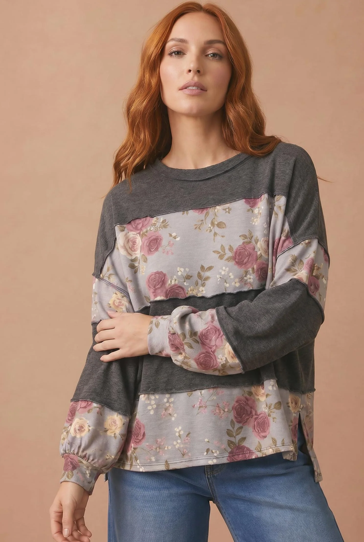 Plus Floral and Charcoal Color Block Sweatshirt