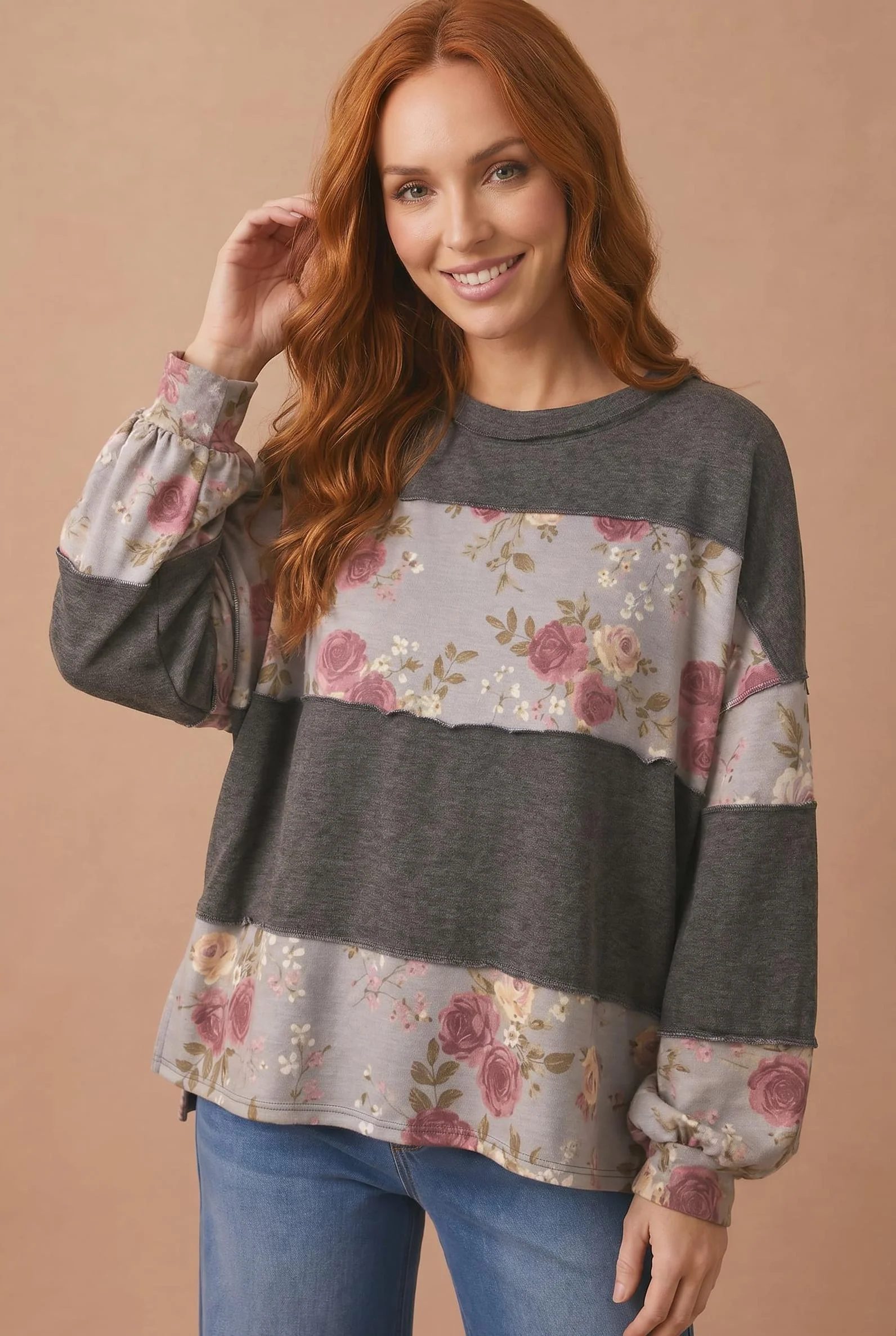 Plus Floral and Charcoal Color Block Sweatshirt - Image 4