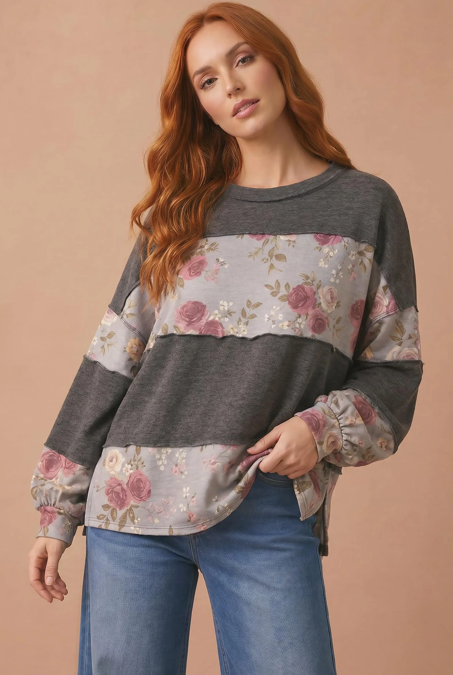 Plus Floral and Charcoal Color Block Sweatshirt - Image 5