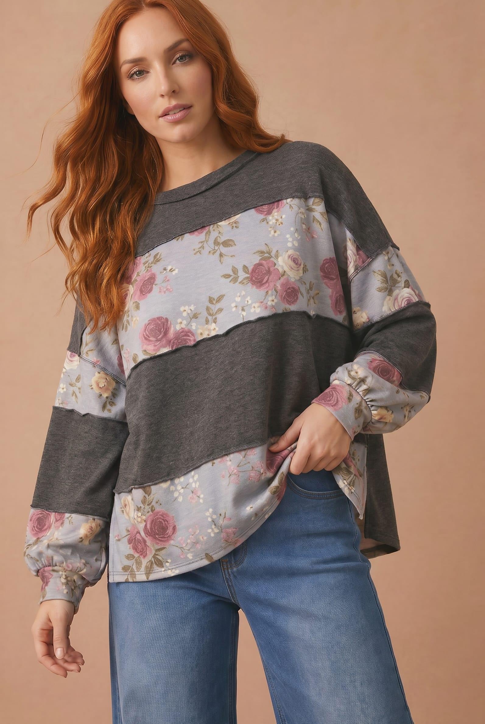 Plus Floral and Charcoal Color Block Sweatshirt - Image 6
