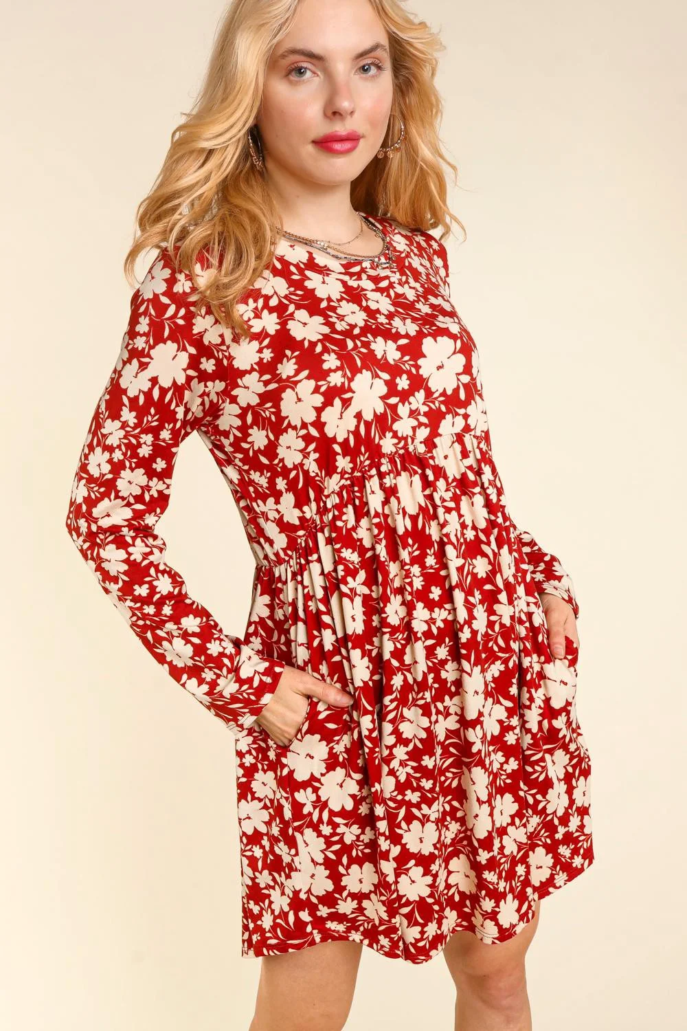 FLORAL BABYDOLL KNIT DRESS WITH SIDE POCKETS
