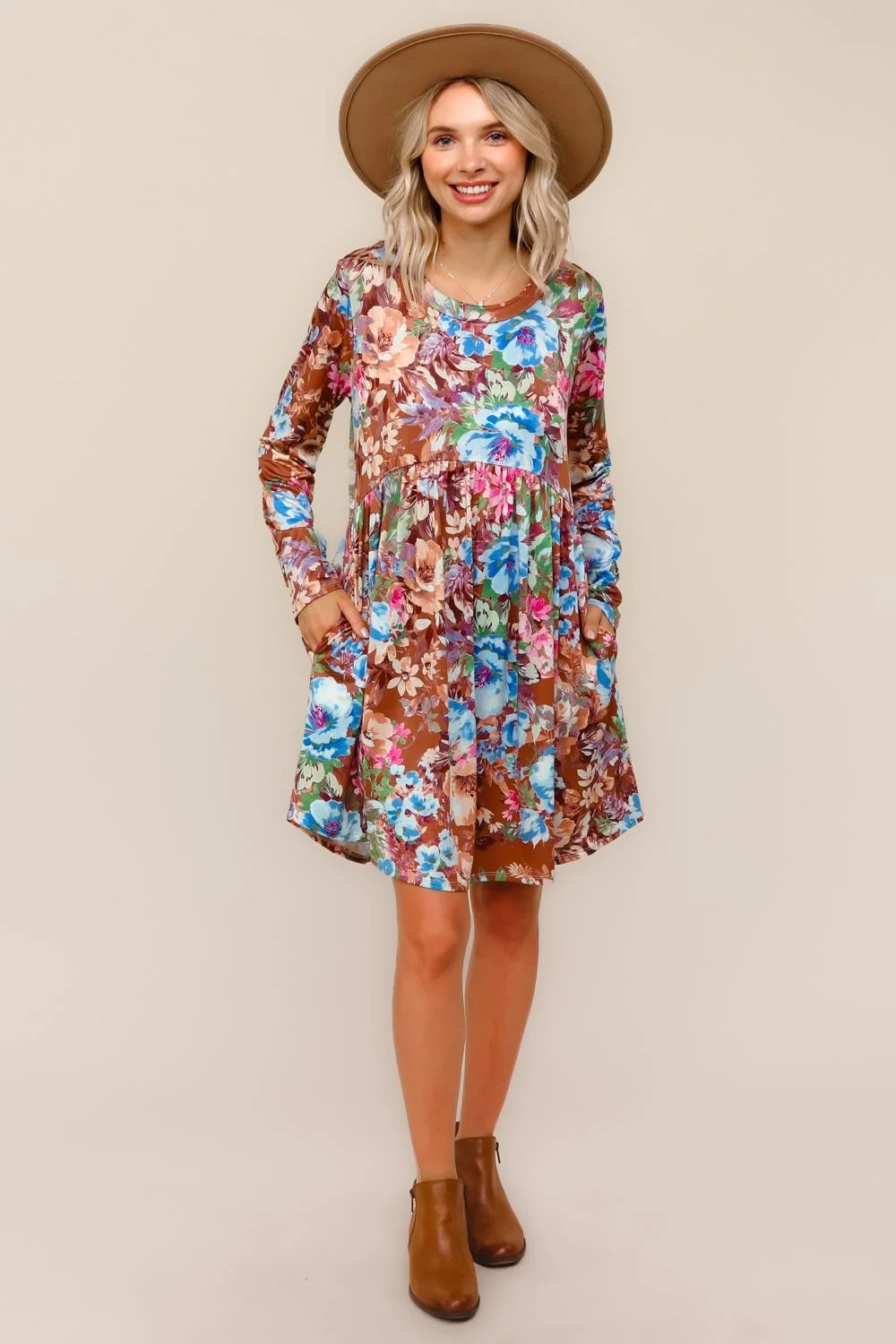 FLORAL BABYDOLL MIDI DRESS W/ SIDE POCKET