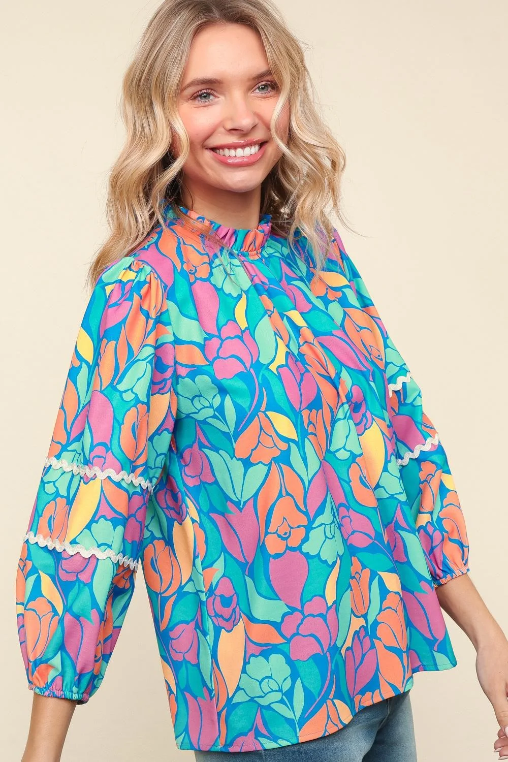 PLUS FLORAL BUBBLE THREE QUARTER SLEEVE WOVEN TOP - Image 2