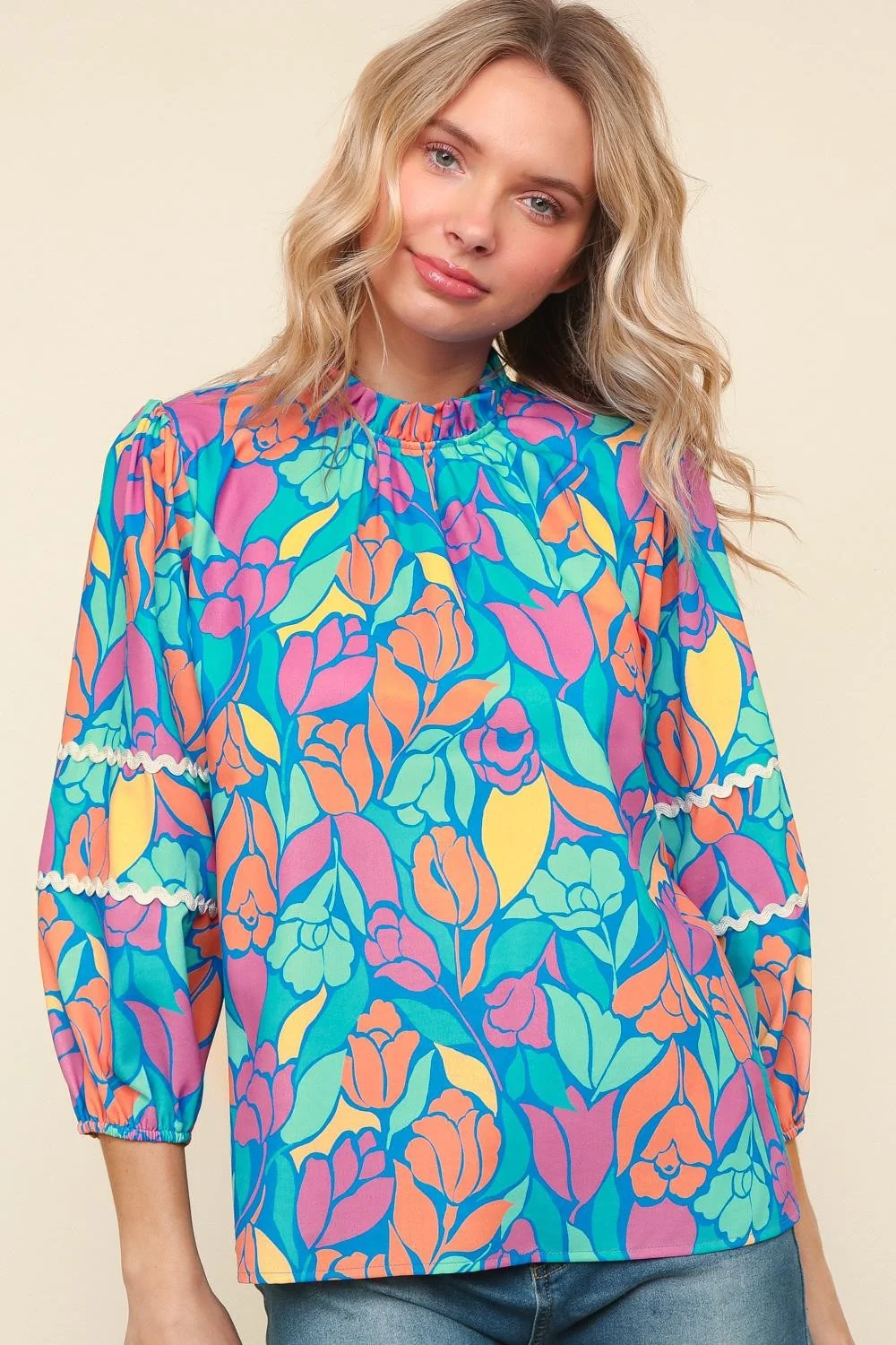 PLUS FLORAL BUBBLE THREE QUARTER SLEEVE WOVEN TOP - Image 3