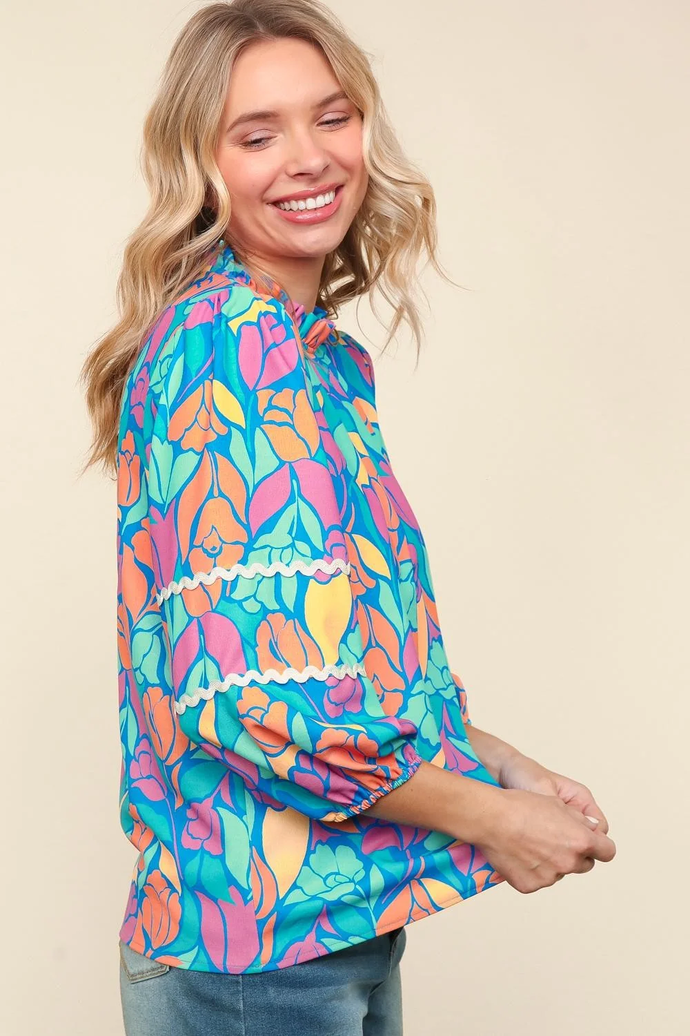PLUS FLORAL BUBBLE THREE QUARTER SLEEVE WOVEN TOP - Image 4