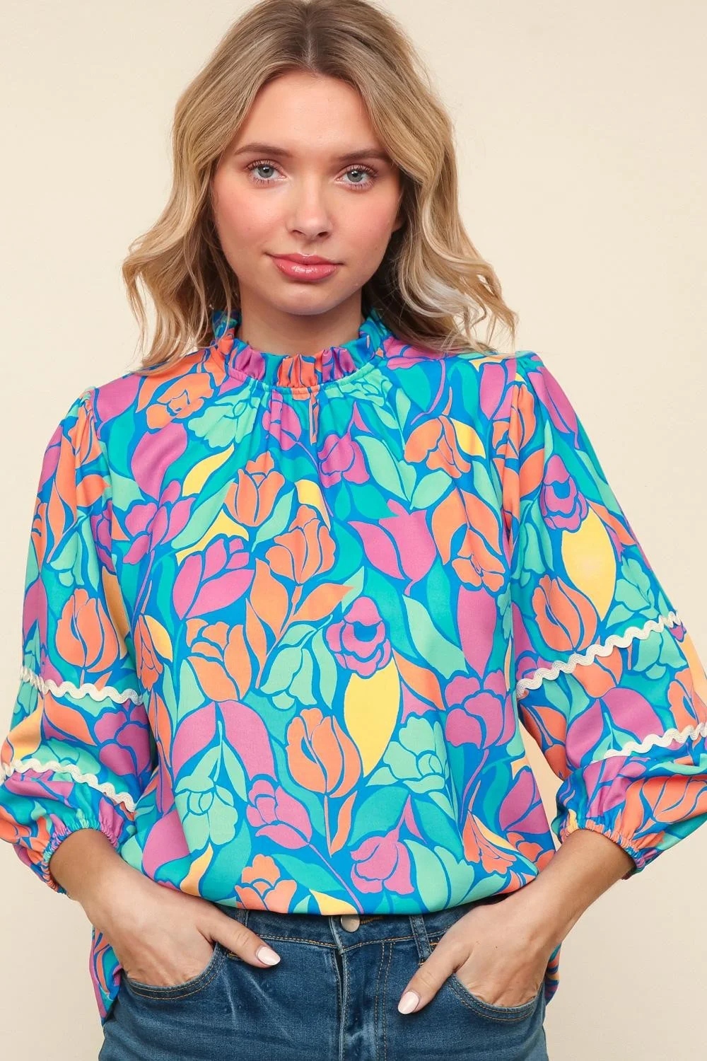 PLUS FLORAL BUBBLE THREE QUARTER SLEEVE WOVEN TOP - Image 7