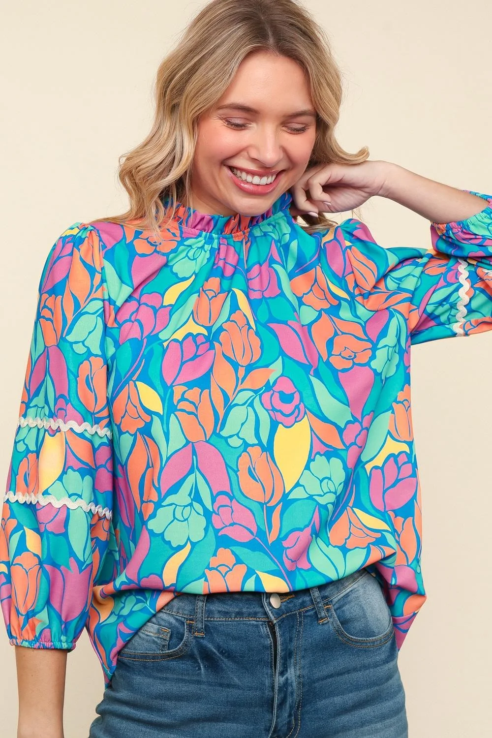 PLUS FLORAL BUBBLE THREE QUARTER SLEEVE WOVEN TOP - Image 8