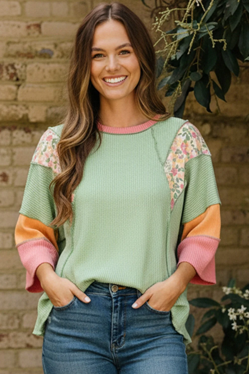 PLUS FLORAL COLOR BLOCK OVERSIZED WAVY RIB KNIT