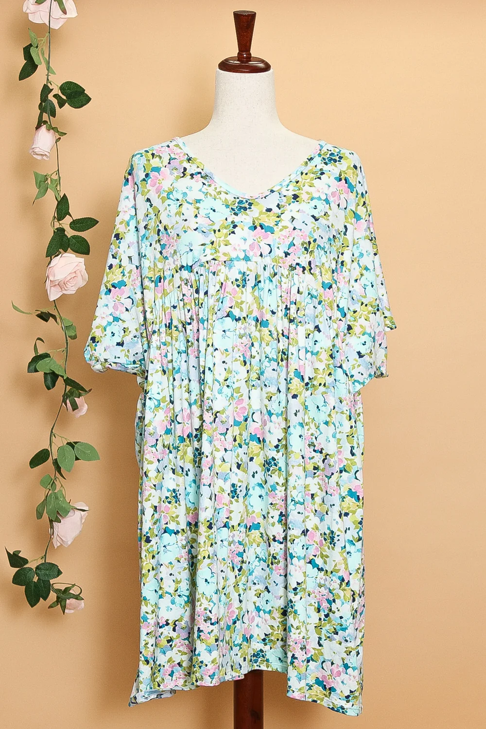 Plus Floral Drop Shoulder Midi Knit Tunic Dress