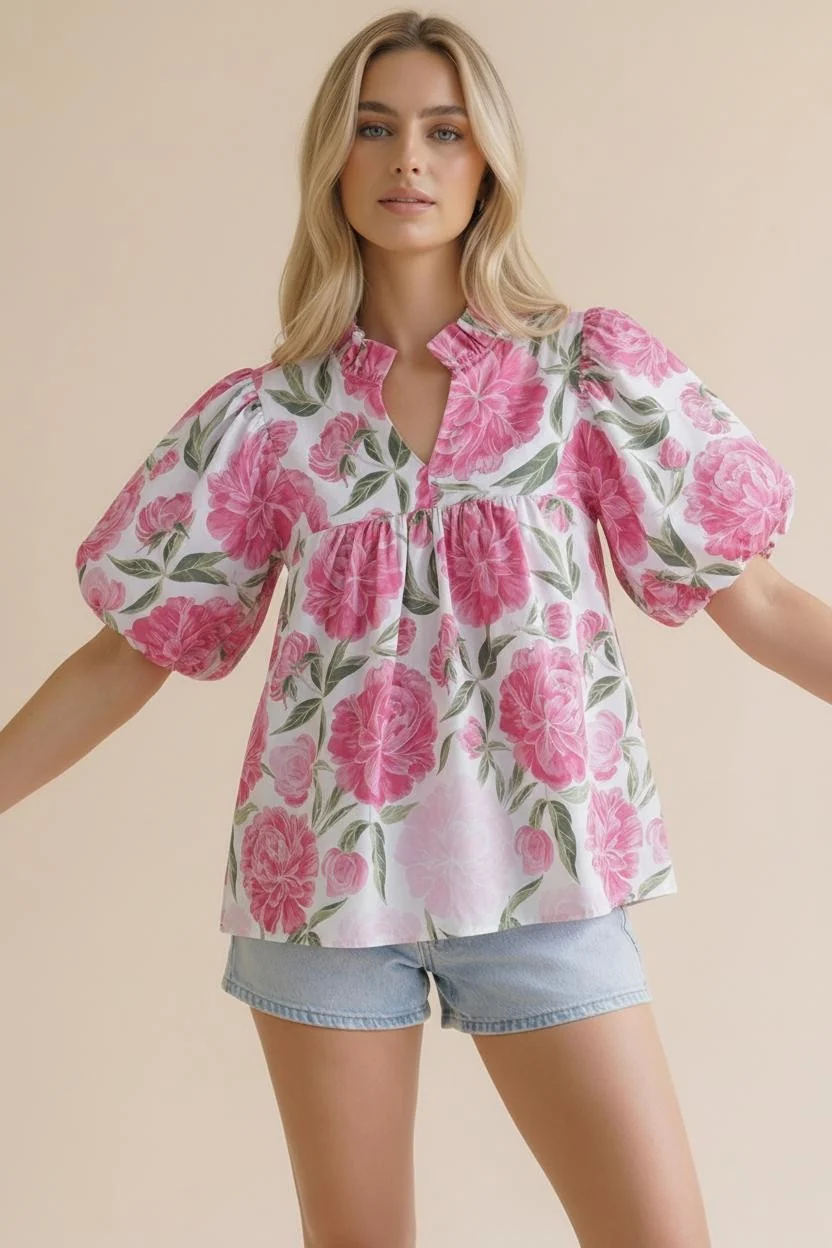 Plus Floral Frilled Puff Sleeve Blouse - Image 5