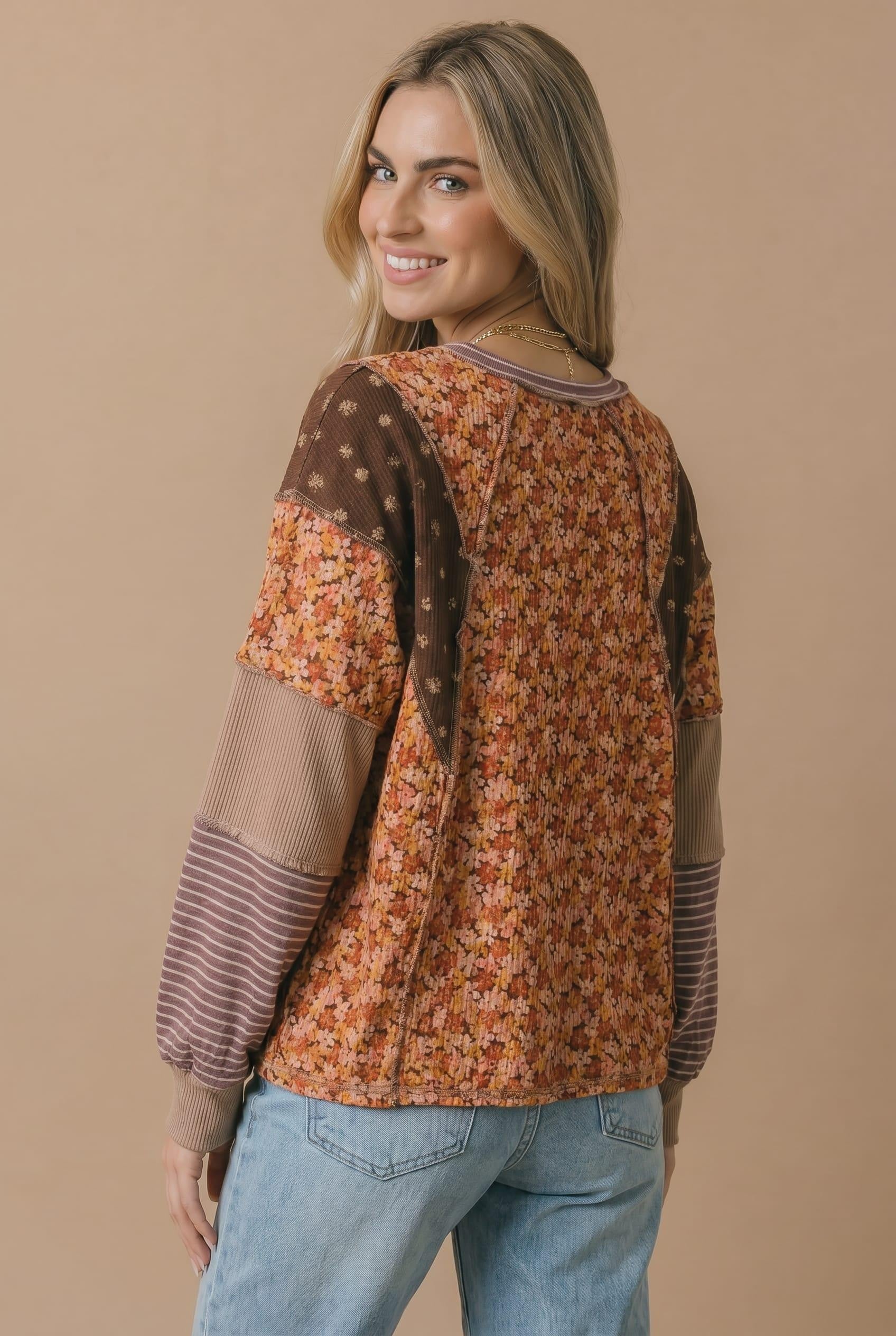 Plus Floral Mixed Print Patchwork Long Sleeve Top - Image 4